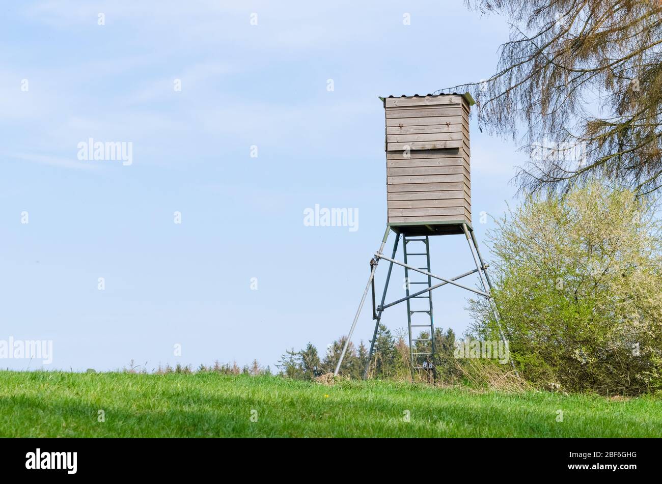 Hölzernes Hochleder für die Jagd und die Beobachtung der Wildtiere in der Nähe des Waldes in Deutschland, Westeuropa Stockfoto