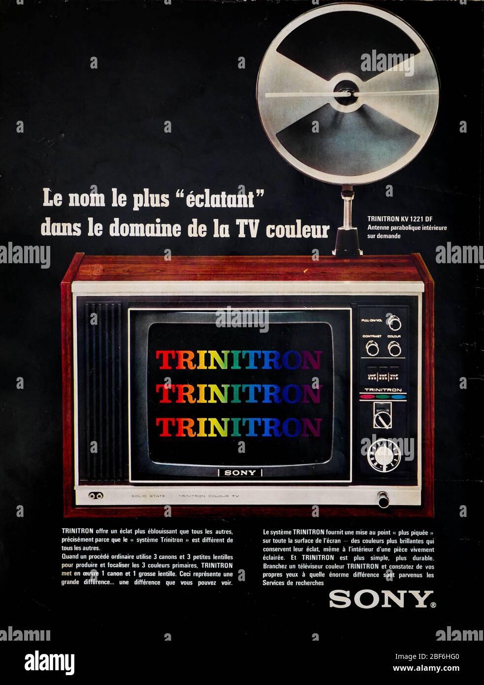 Werbeseite für Sony Trinitron Color TV-Geräte, veröffentlicht auf der Rückseite des französischen Nachrichtenmagazins Paris-Match, 1972, Frankreich Stockfoto