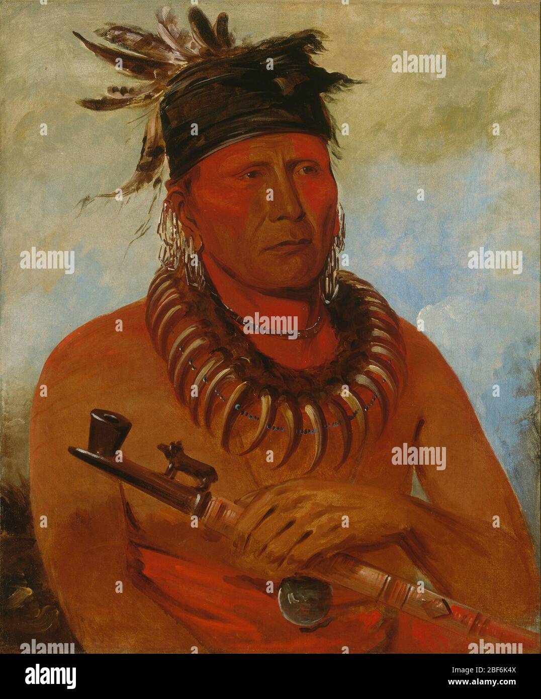 Hwchekesgga Er, der den Osages-Chef des Stammes tötet. George Catlin beschrieb He Who Kills the Osages als „einen alten Mann“, der eine „Kette aus gruseligen Bärenkrallen und eine schöne geschnitzte Pfeife in seiner Hand trägt.“ Der Name Kills the Osages ist ein roter Hintergrund für die Geschichte seines Stammes sowie für seine eigenen Kampfleistungen. Stockfoto