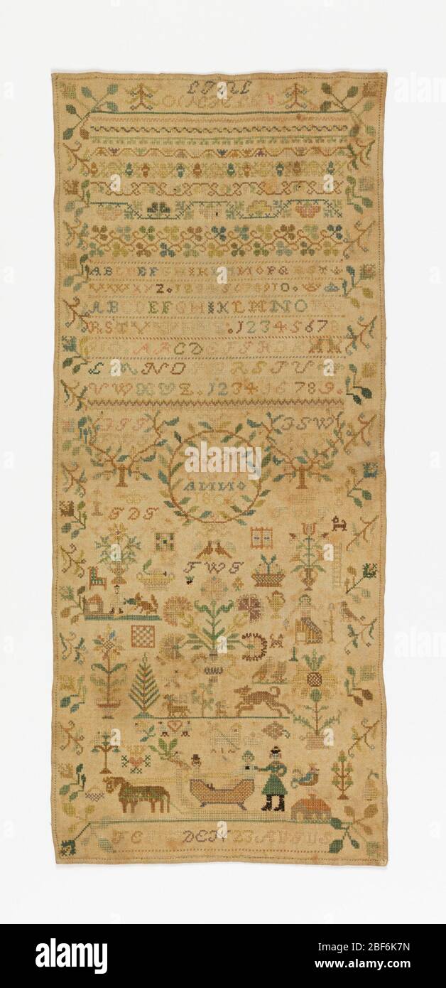 Probenehmer. Oben, Kreuzrahmen mit Alphabeten, Zahlen, floralen und geometrischen Mustern und 'A G F den 10 July' (Anfangen 10. Juli); unten verstreute Motive, darunter ein Kranz mit 'D S M CG G ANNO 1806', Blumen, Tiere, Schlittenmenschen und 'F E G W den 23 AUG Stockfoto