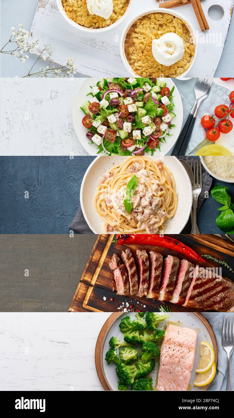 Collage aus Essen. Fünf-Gänge-Menü. Fisch, Fleisch, Pasta, Salat, Dessert. Vertikal Stockfoto
