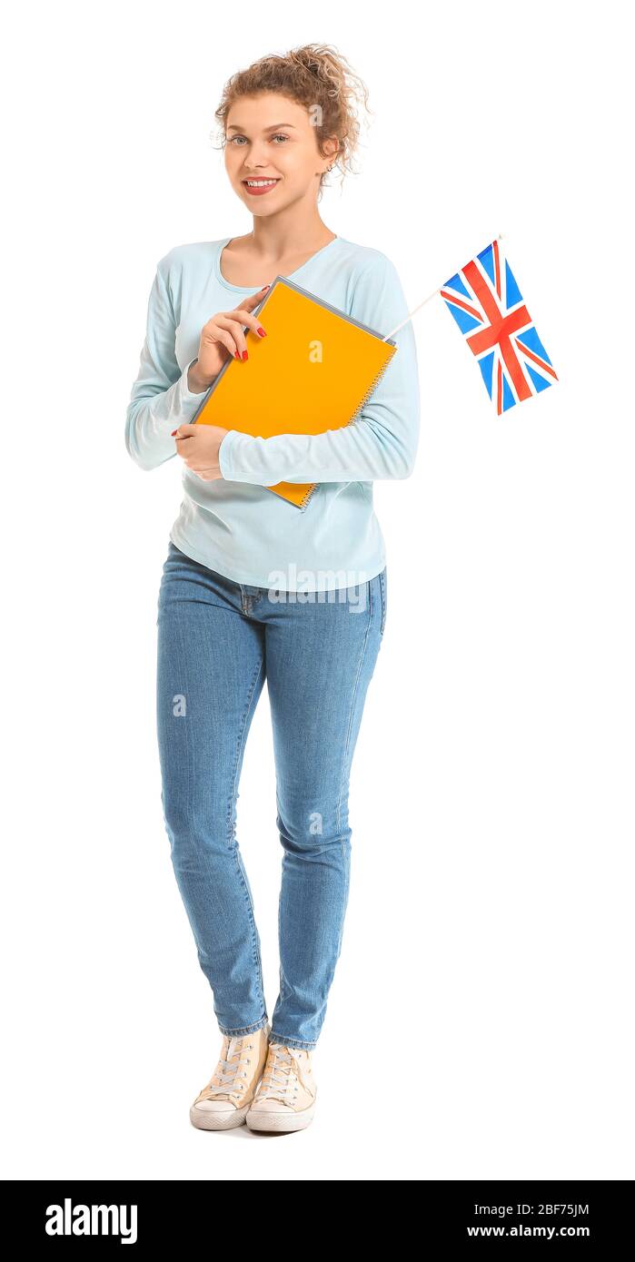 Junge Studentin der Sprachschule auf weißem Hintergrund Stockfoto