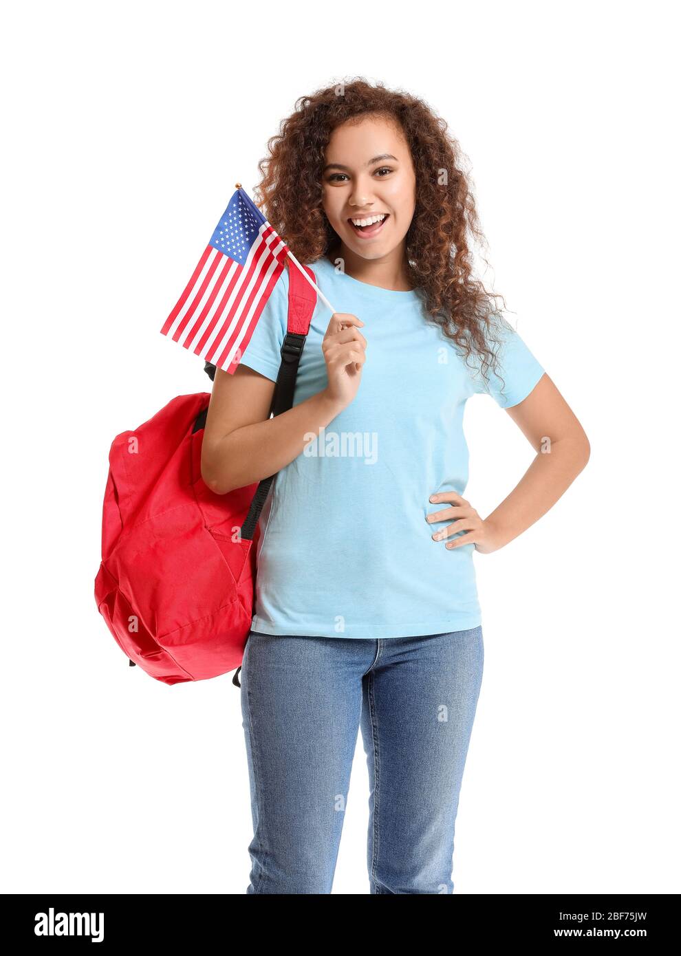 Afroamerikanische Schülerin der Sprachschule auf weißem Hintergrund Stockfoto