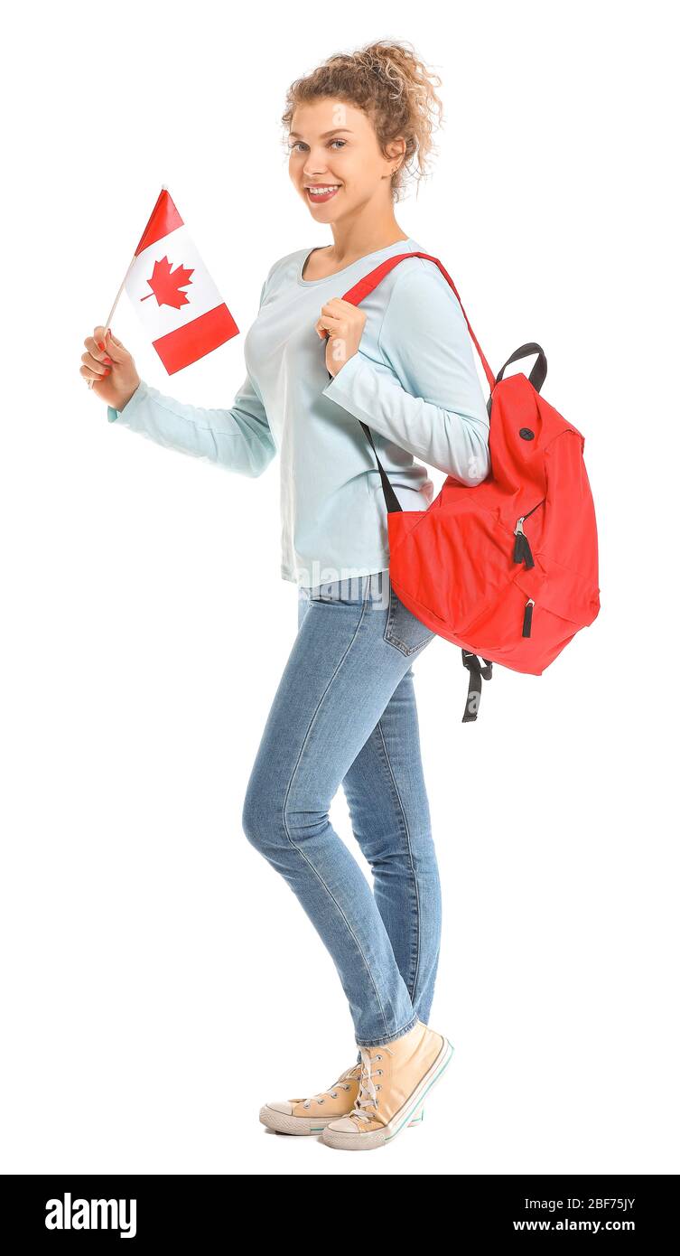 Junge Studentin der Sprachschule auf weißem Hintergrund Stockfoto