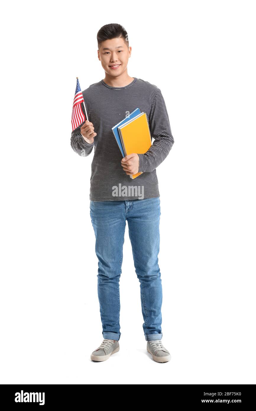 Asiatischer Schüler der Sprachschule auf weißem Hintergrund Stockfoto