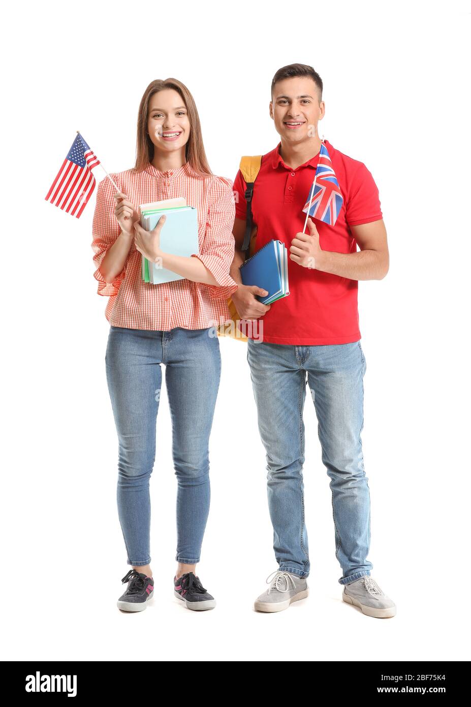 Junge Schüler der Sprachschule auf weißem Hintergrund Stockfoto