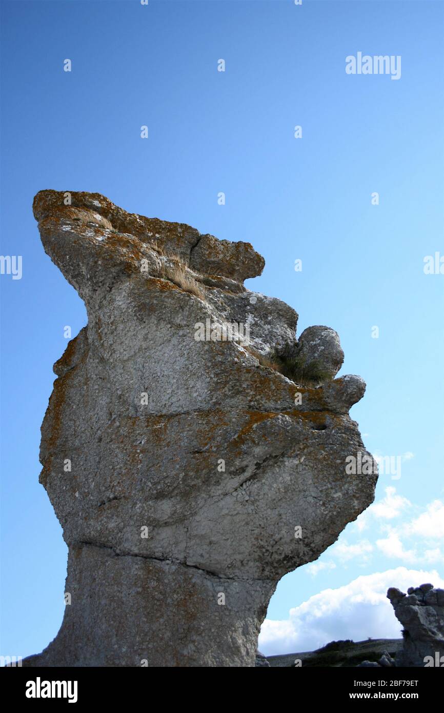 Rauk, eine Art Felsformation, auf der Insel Fårö außerhalb von Gotland, Schweden. Stockfoto