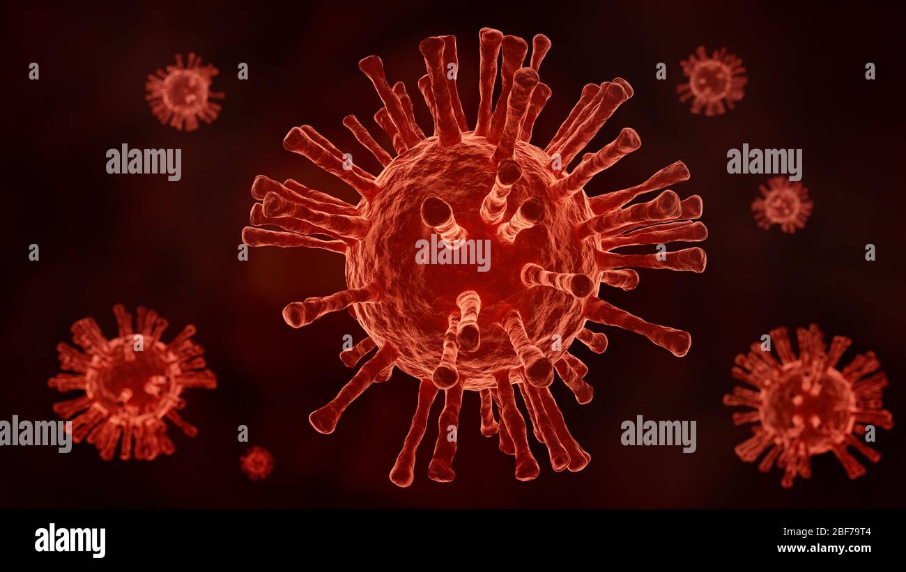 Nahaufnahme des dunklen Coronavirus COVID-19 im Hintergrund des menschlichen Lungenkörpers. Wissenschaft Mikrobiologie Konzept. Epidemie des Red Corona Virus. Medizinische Gesundheit viro Stockfoto
