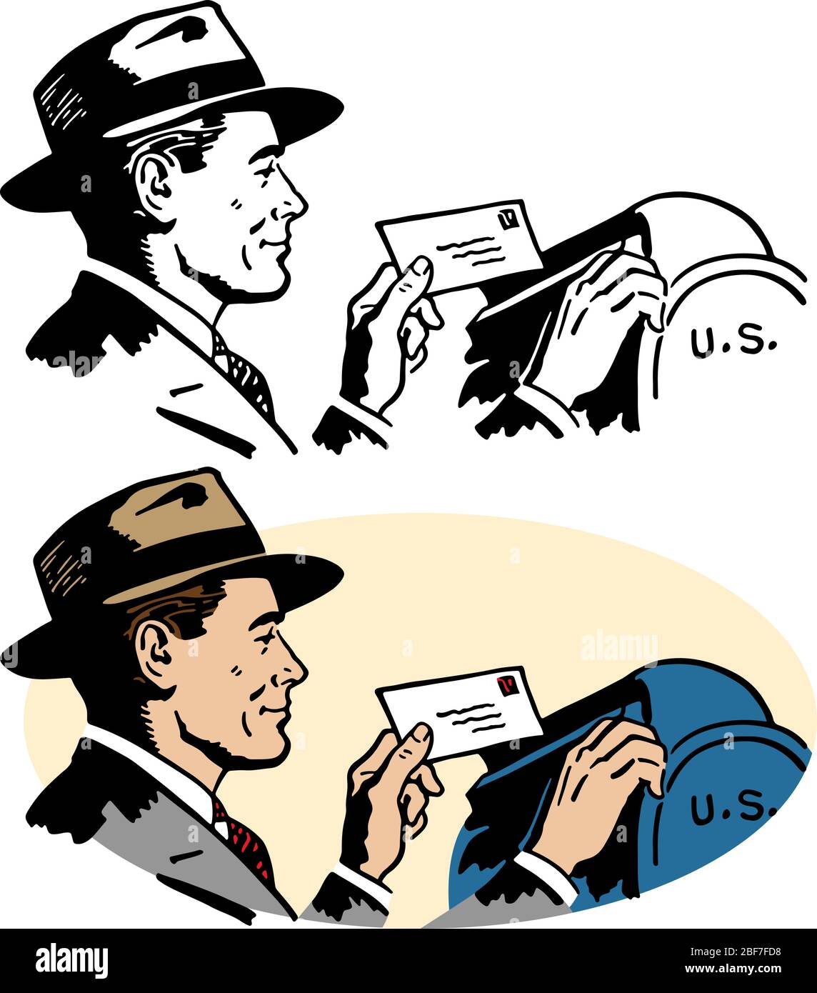 Eine Zeichnung eines Mannes, der einen Brief in eine Mailbox schreibt. Stock Vektor