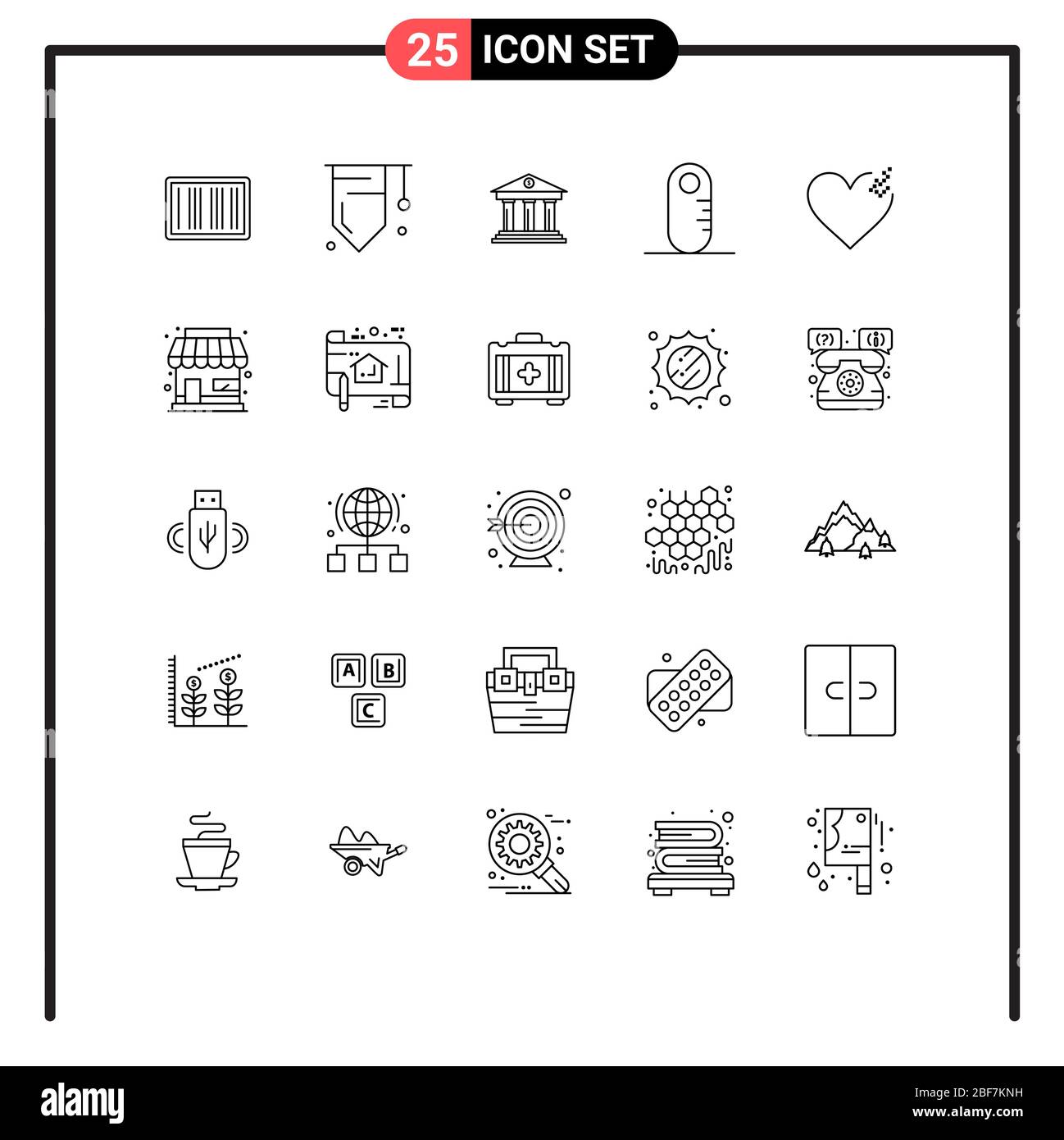 Universal Icon Symbole Gruppe von 25 modernen Linien gebrochen, Audiometer, Bank, Lineal, Geld editierbar Vektor Design-Elemente Stock Vektor