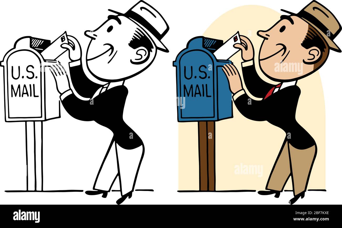 Ein Cartoon eines Mannes, der einen Brief in einem Briefkasten schreibt. Stock Vektor