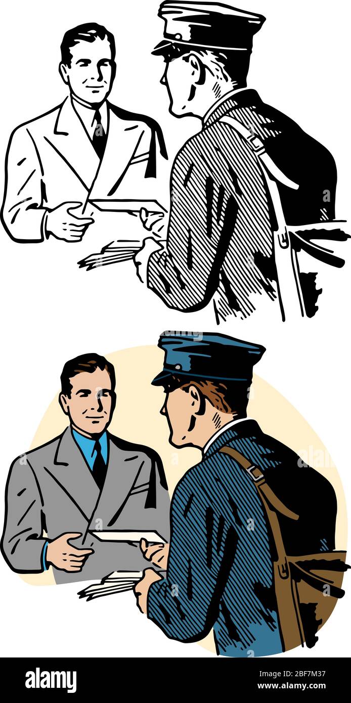 Eine Zeichnung einer Briefmailman Hand, die einem Mann einen Brief überbringt. Stock Vektor