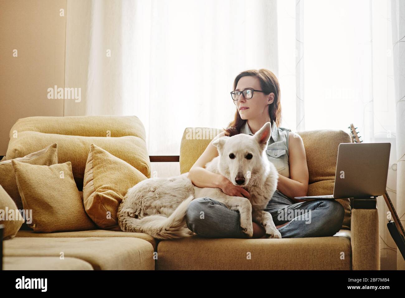 Junge schöne Frau auf dem Sofa mit Hund sitzen. Stockfoto