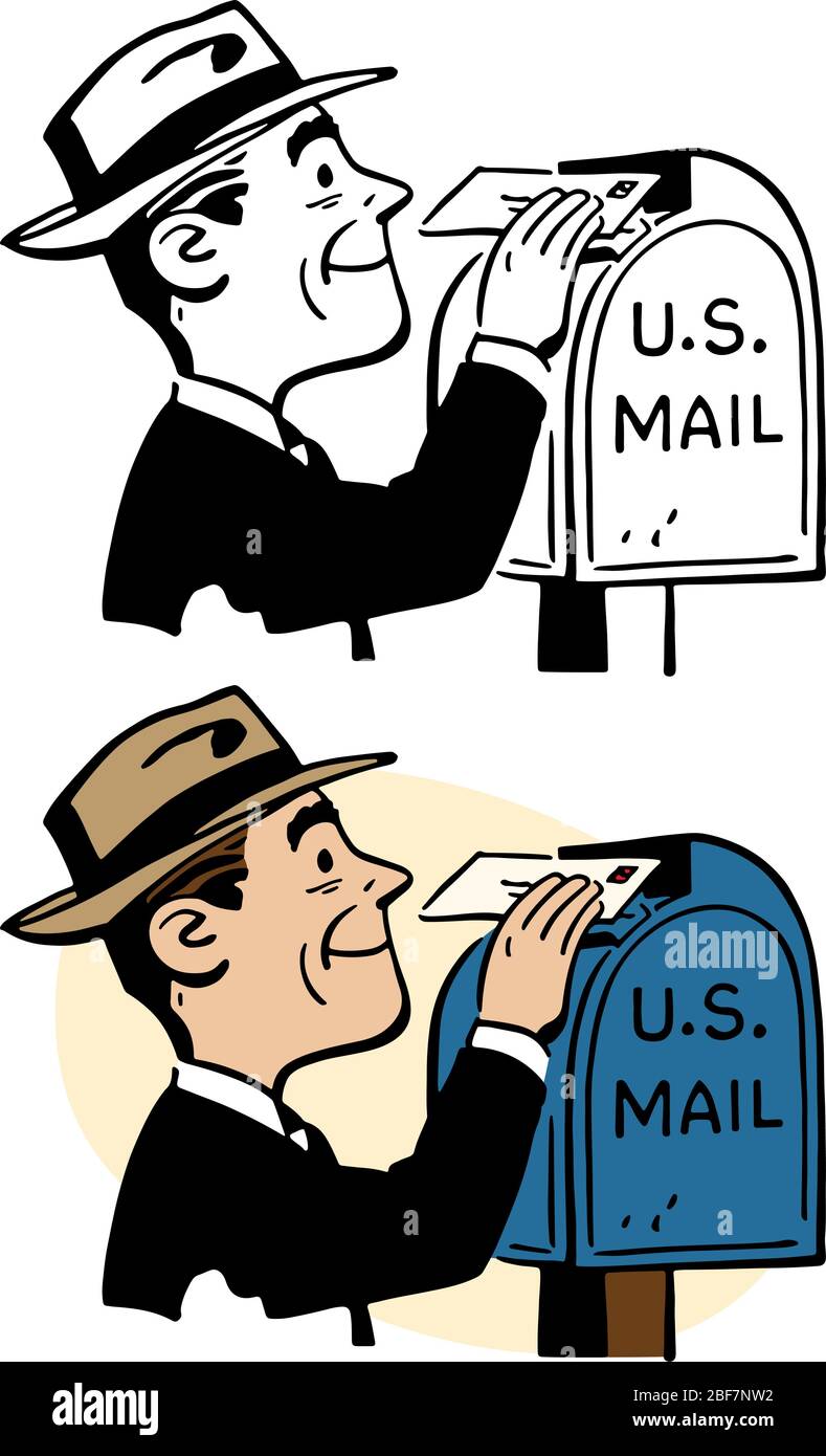 Ein Cartoon eines Mannes, der einen Brief in einem Briefkasten schreibt. Stock Vektor