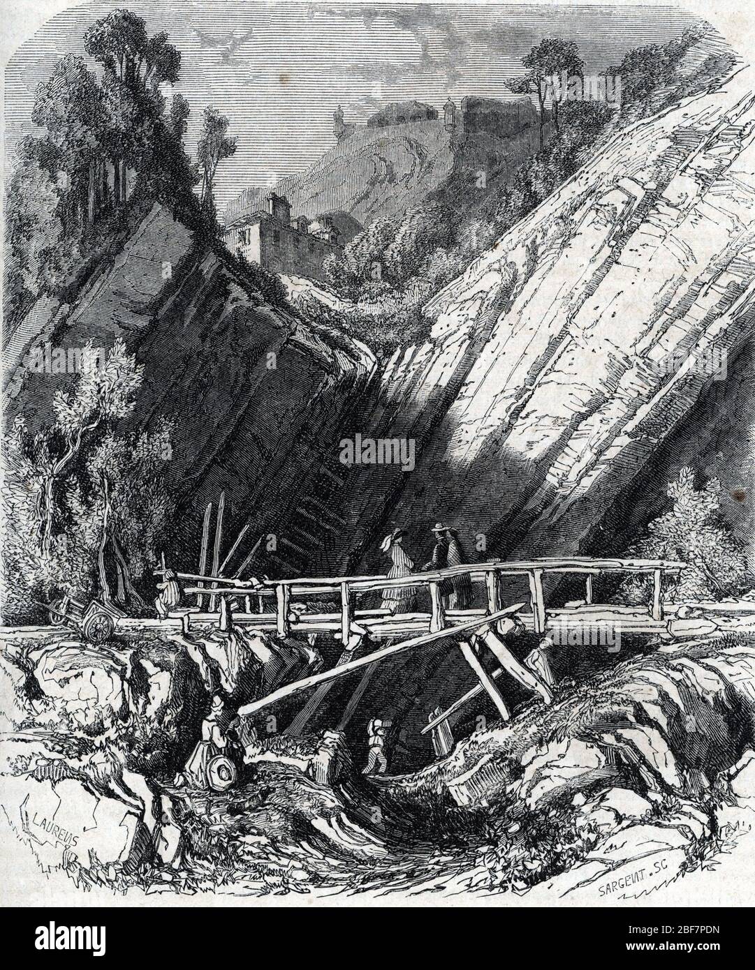 Vue d'une carriere de ciment a Grenoble Isere (ein Zementbruch in der Nähe von Grenoble, Isere) Gravure tiree de 'Le magasin pittoresque' 1862 Collection privee Stockfoto