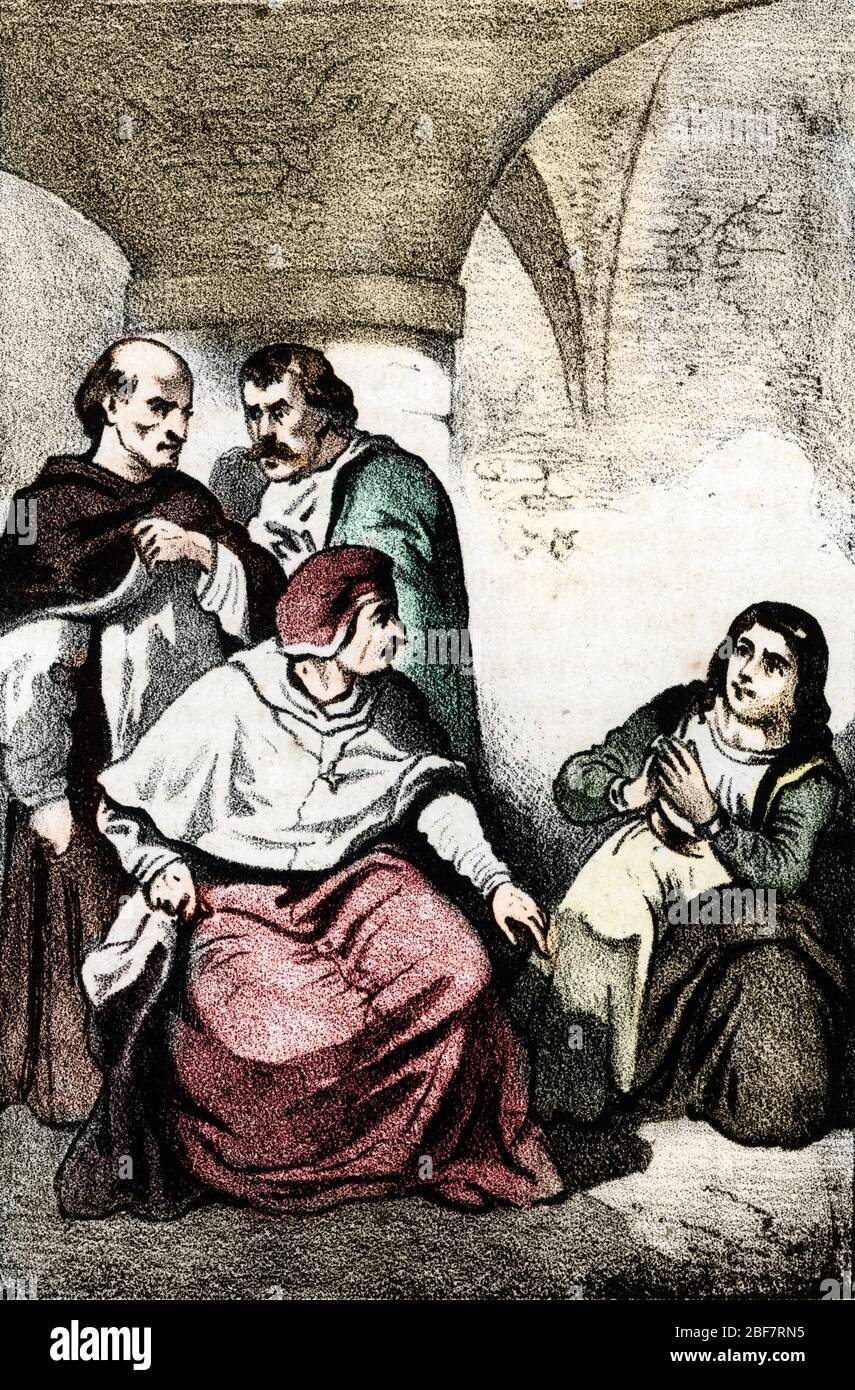 'Le roi de France Charles VIII (1470-1498) recu par le pape Alexandre VI (1492-1503) et son fils Cesar Borgia (1475-1507) en 1495' (König von Frankreich Cha Stockfoto