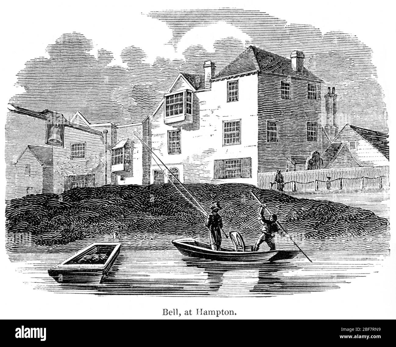 Ein Stich des Bell Inn at Hampton, Richmond on Thames, gescannt mit hoher Auflösung aus einem Angelbuch gedruckt 1825. Ich glaubte, dass das Urheberrecht frei ist. Stockfoto