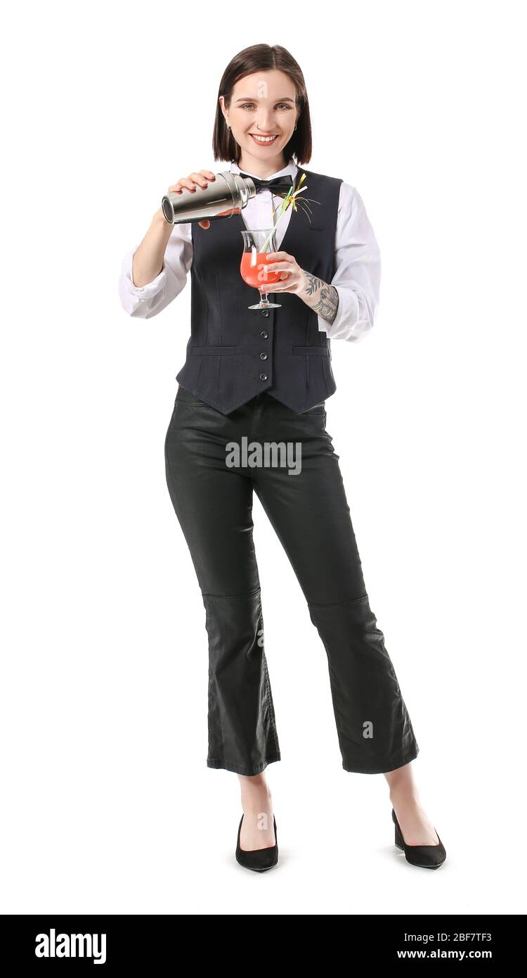 Schöne weibliche Barkeeper auf weißem Hintergrund Stockfoto