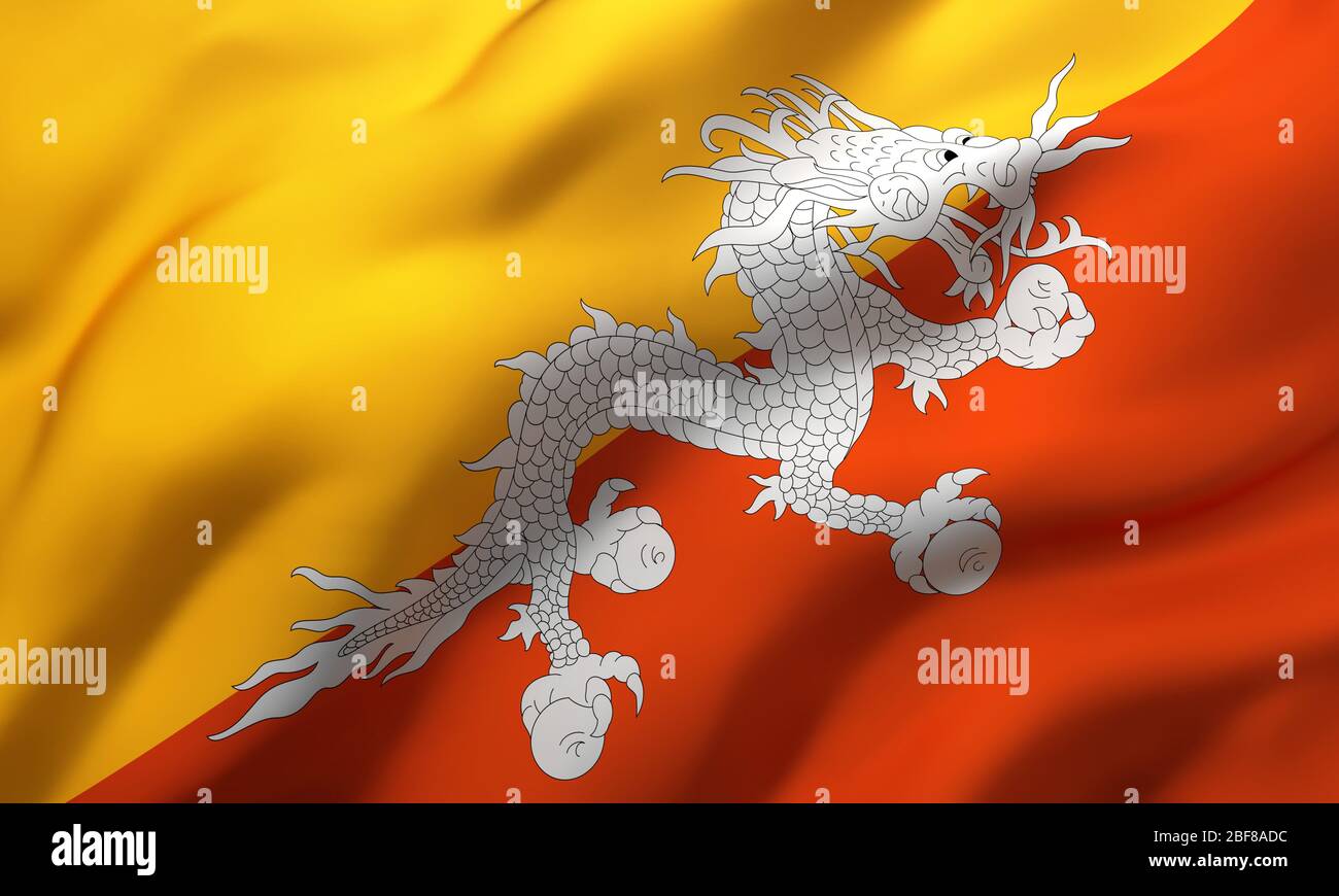 Flagge von Bhutan weht im Wind. Ganze Seite bhutanische Flugflagge. 3D-Darstellung. Stockfoto