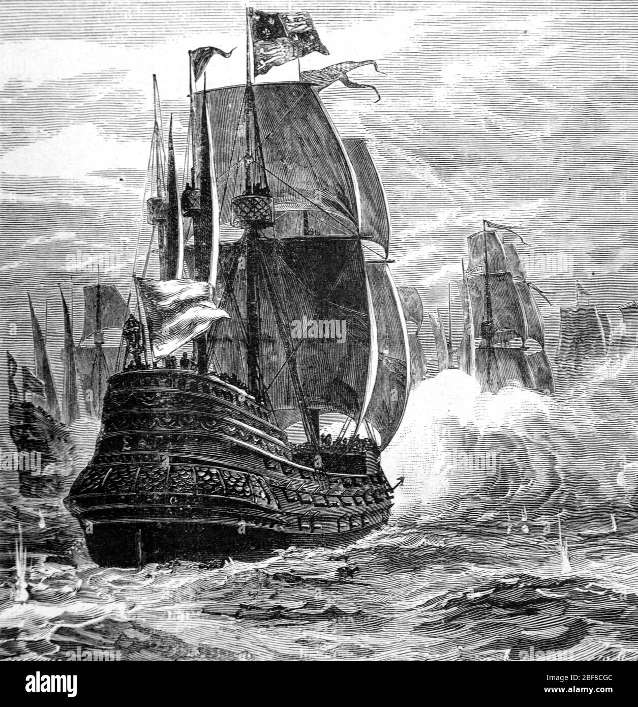 Spanische Armada Naval Schlacht gegen britische Royal Navy oder englische Flotte im Ärmelkanal. Die Armada bestand aus 130 spanischen Schiffen, Teil des Anglo-Spanischen Krieges (1585-1604) und des Achtzigjährigen Krieges. Vintage oder Old Illustration oder Gravur 1888 Stockfoto