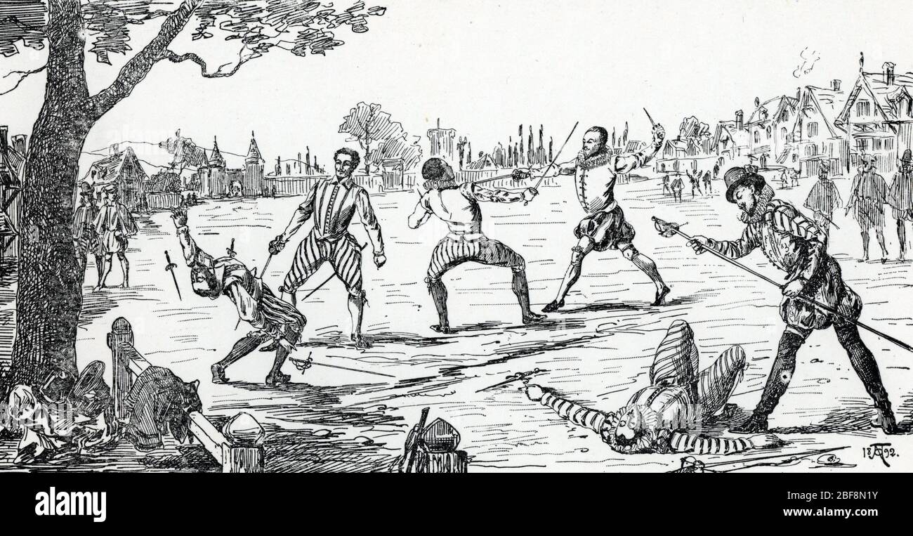 Duell des Mignons est un affrontement oppositant plusieurs mignons du roi Henri III : Jacques de Caylus, Louis de Maugiron et Guy d'Arces, Seigneur de Li Stockfoto