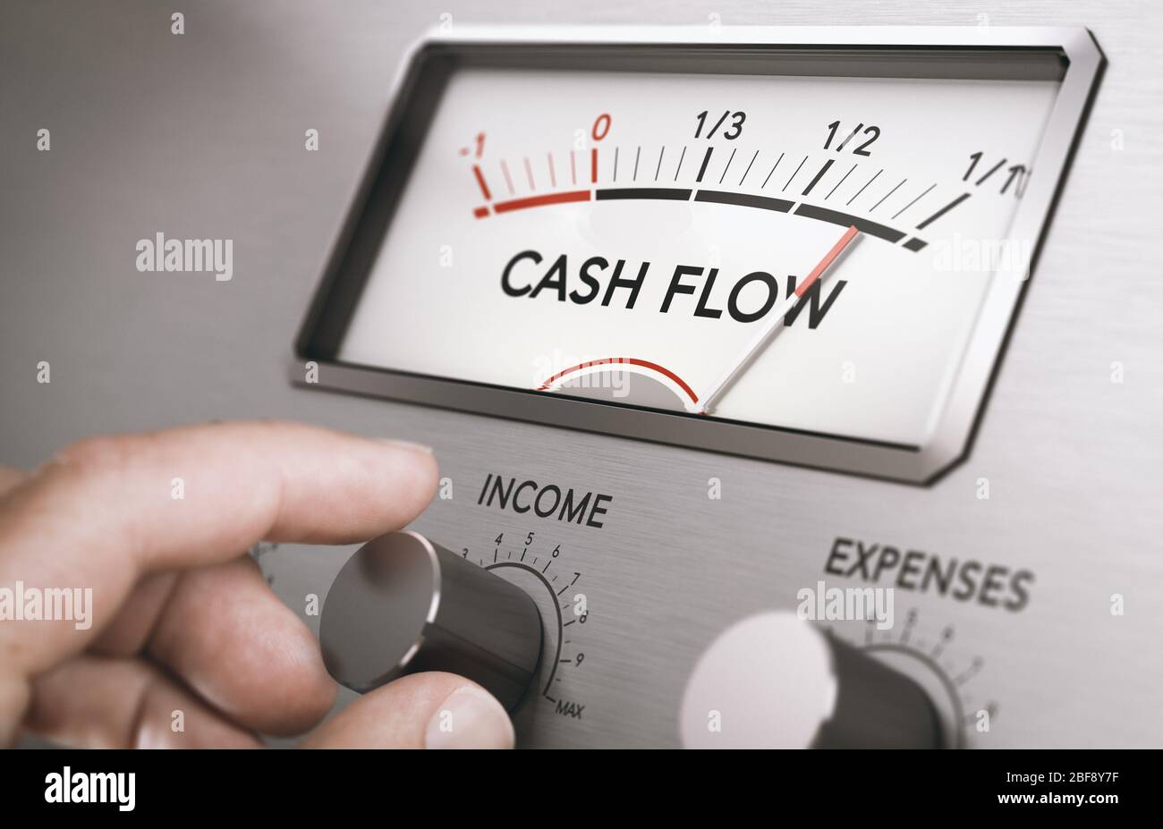 Mann dreht Einkommen Knopf, um Cash Flow Betrag zu erhöhen. Konzept der guten Verwaltung von Liquiditäten in einem Unternehmen. Zusammengesetztes Bild zwischen einem Hand-Fotograp Stockfoto