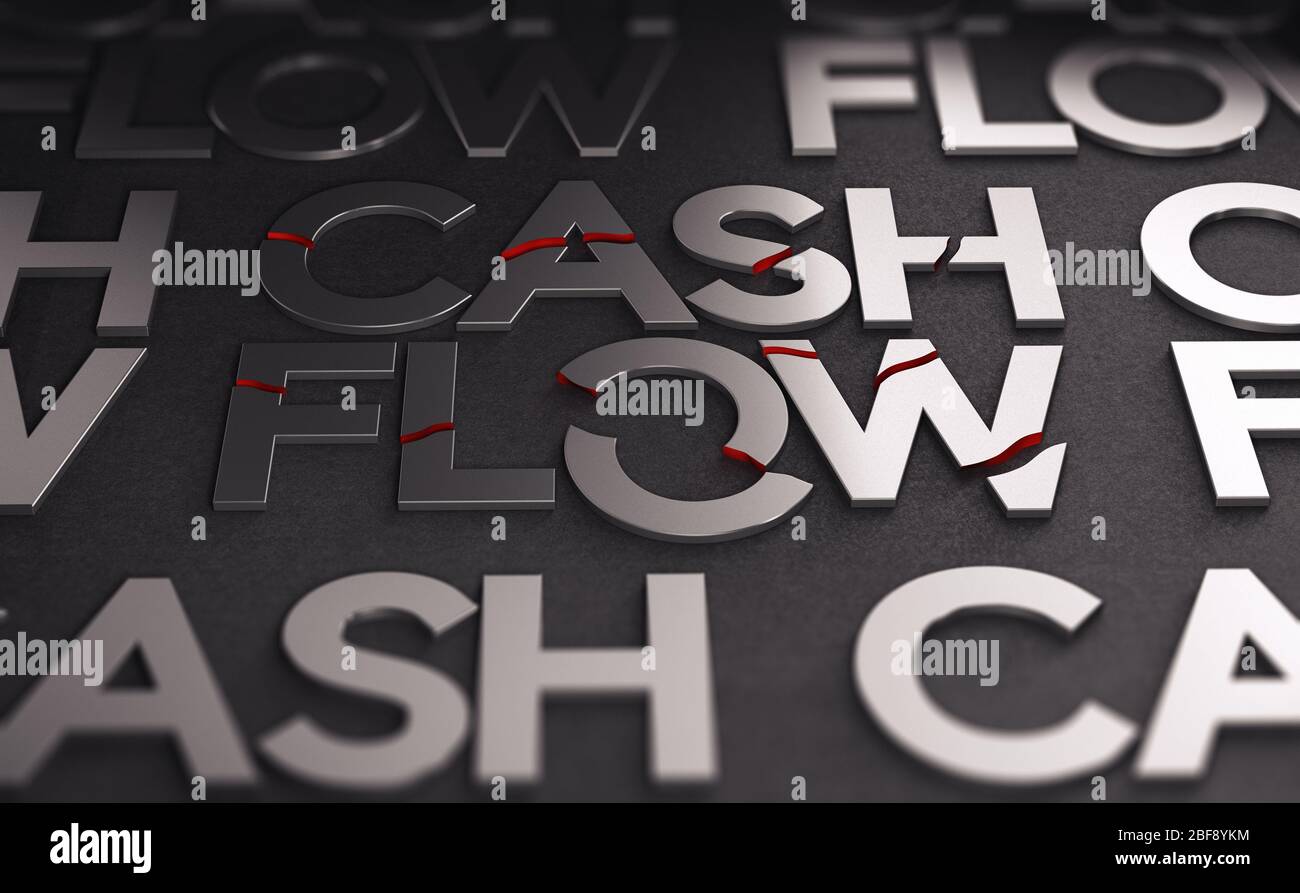 3D-Darstellung des Textes Cash Flow auf schwarzem Hintergrund. Die Worte sind gebrochen. Konzept der Krise und der Solvenz der Unternehmen. Stockfoto
