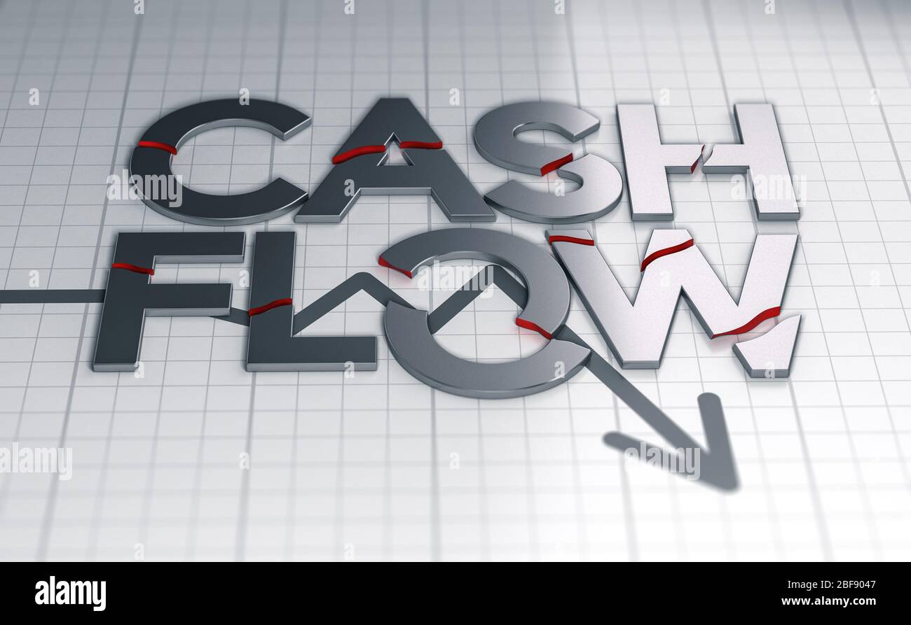 3D-Darstellung des Textes Cashflow über einem Krisendiagramm. Die Worte sind gebrochen. Stockfoto