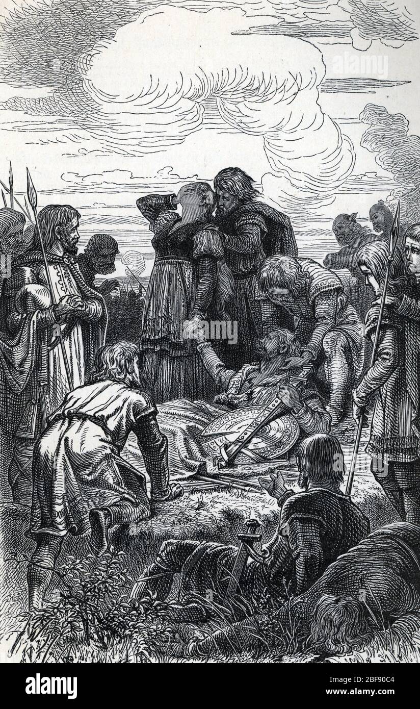 Mythologie nordique : la mort d'Helgi personnage de la Volsunga Saga (nordische Mythologie: Tod von Helgi Hundingsbane in der Volsunga Saga) Gravure tir Stockfoto