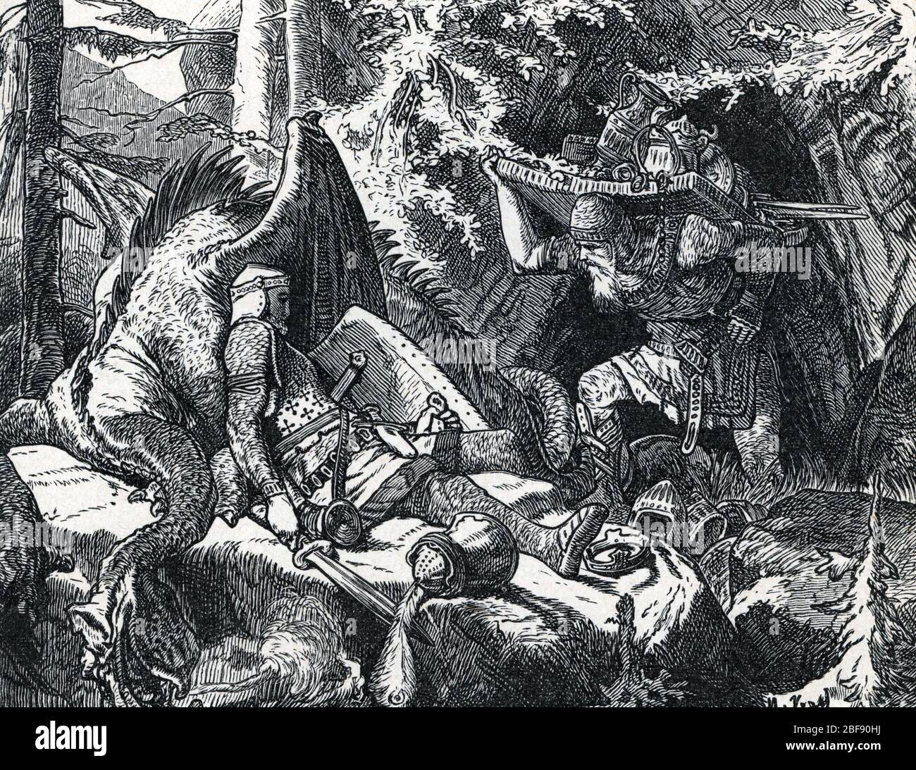 Mythologie nordique : la mort de Beowulf apres le troisieme combat avec le Dragon (nordische Mythologie : Tod von Beowulf) Gravure tiree de 'Nordisch-Keim Stockfoto