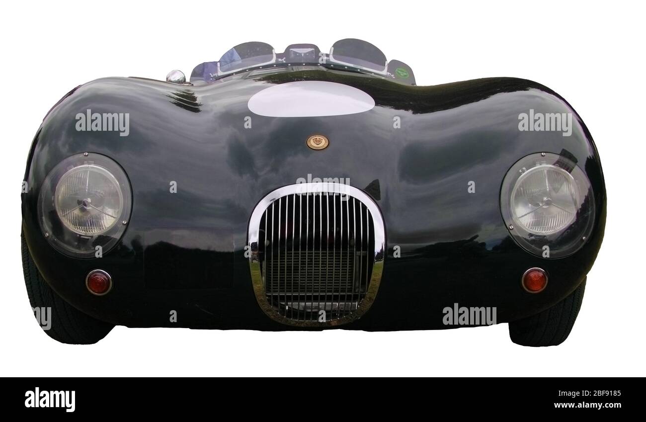 Vorderansicht eines klassischen Jaguar XK120c C-Type Rennwagens Stockfoto