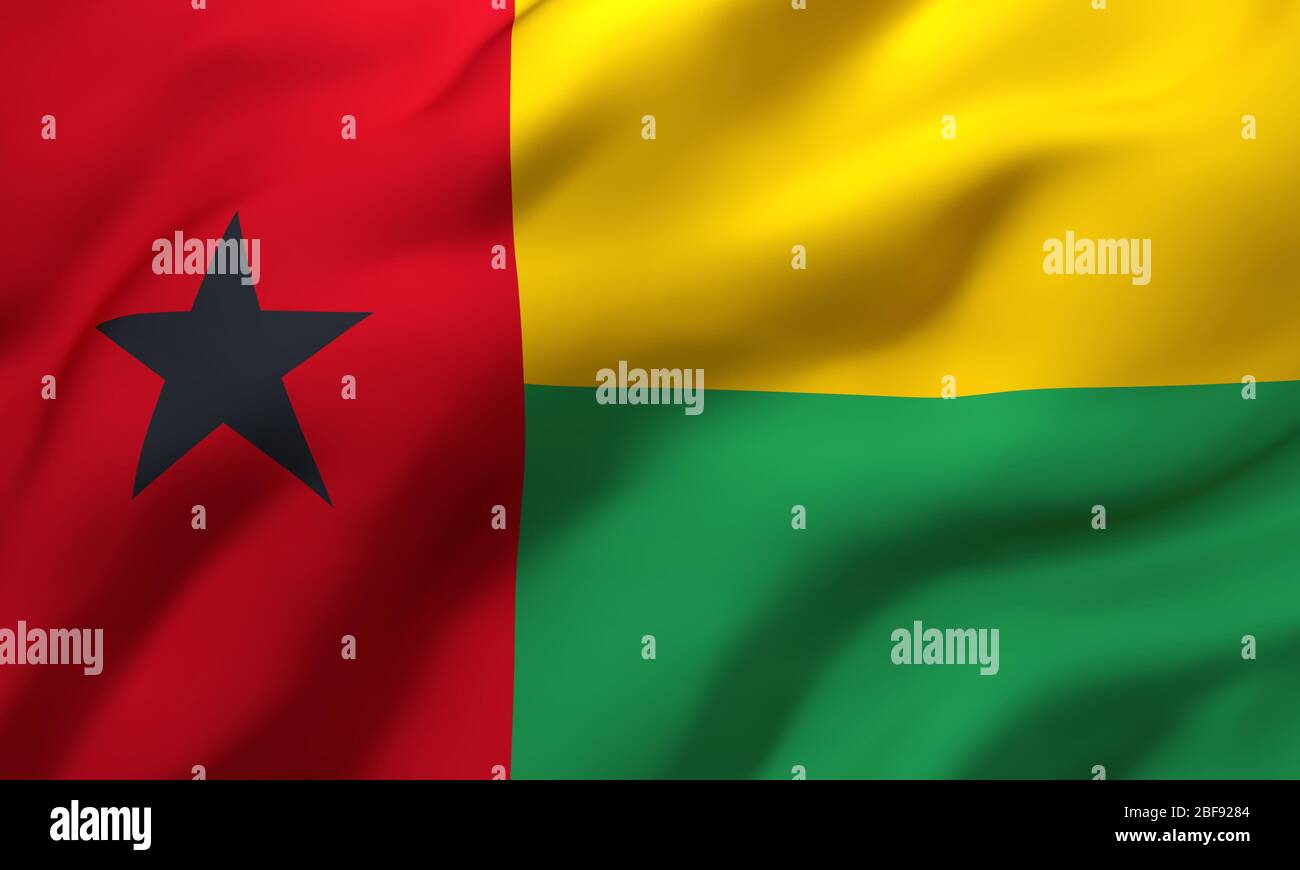 Flagge von Guinea-Bissau im Wind. Volle Bissau-guineische Flagge. 3D-Darstellung. Stockfoto
