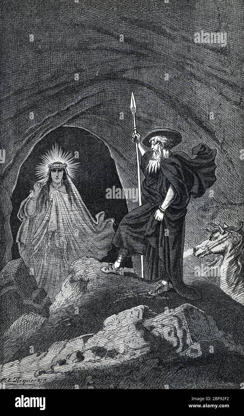 Mythologie nordique : Odin et la pretresse Volva (vala ou wala) (nordische Mythologie : Odin und eine Seherin Volva) Gravure tiree de 'Nordisch-germanische Go Stockfoto