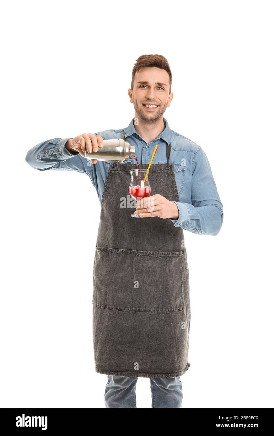 Schöner Barkeeper auf weißem Hintergrund Stockfoto