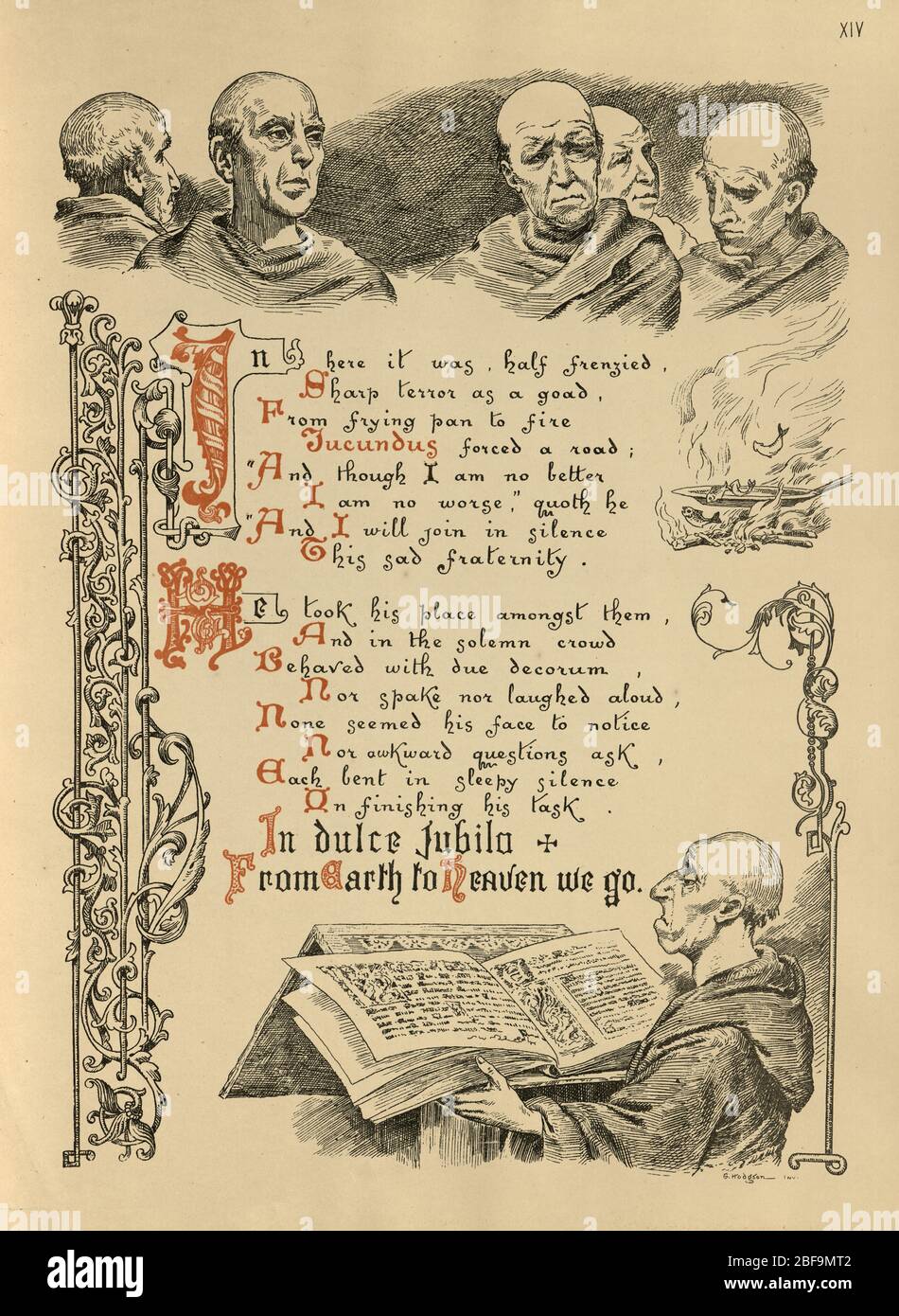 Ernsthafte Mönche, die aus einer beleuchteten bibel lesen. Das Lay of Saint Jucundus: Eine Legende von York von Edith W. Robinson, illustriert von George Hodgson Stockfoto Ernsthafte Mönche, die aus einer beleuchteten bibel lesen. Das Lay of Saint Jucundus: Eine Legende von York von Edith W. Robinson, illustriert von George Hodgson Stockfoto