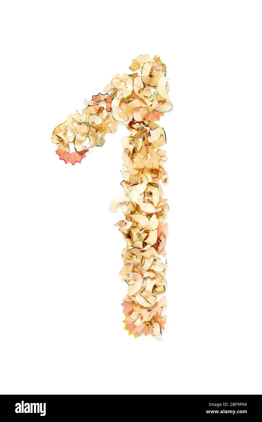 Ziffer 1 aus Bleistiftspäne für Ihr Projekt. Stockfoto