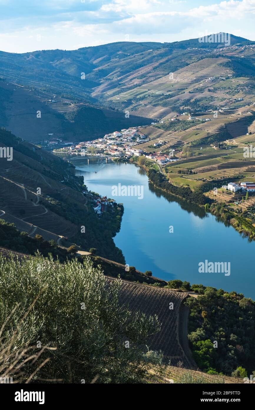 Blick auf die terrassenförmig angelegten Weinberge im Douro-Tal und Fluss in der Nähe des Dorfes Pinhao, Portugal. Konzept für Reisen in Portugal und schönsten p Stockfoto