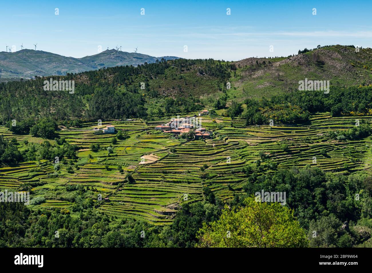 Aussichtspunkt der Terrassen (Miradouro dos Soccalcos), mit Blick auf die Landwirtschaftlichen Terrassen (berühmte Tibeter Stil Landschaft Blick), Porta Cova Place, Sist Stockfoto