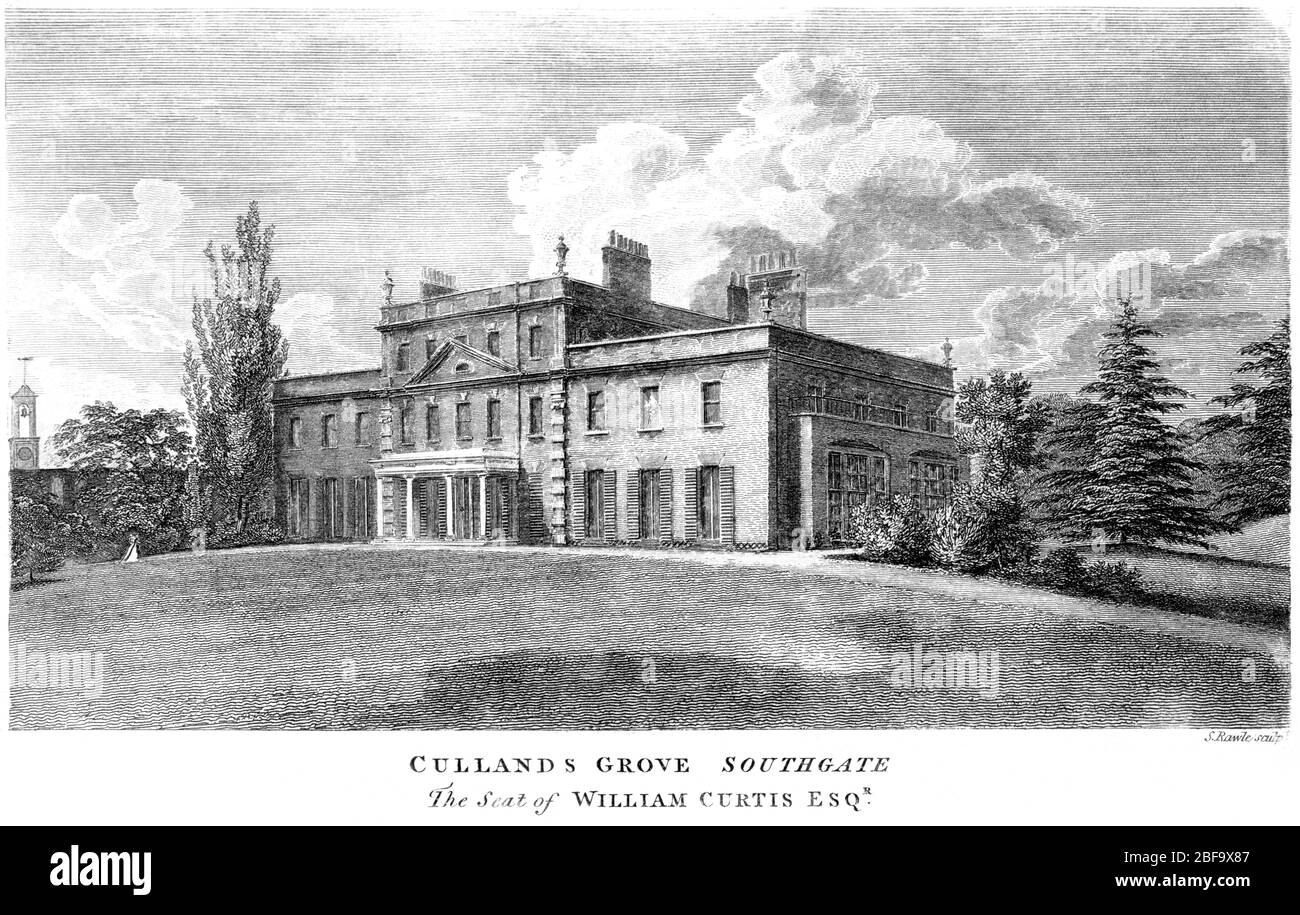 Ein Stich von Cullands Grove Southgate, gescannt in hoher Auflösung aus einem Buch, das 1827 gedruckt wurde. Dieses Bild ist frei von jegl. Copyright. Stockfoto