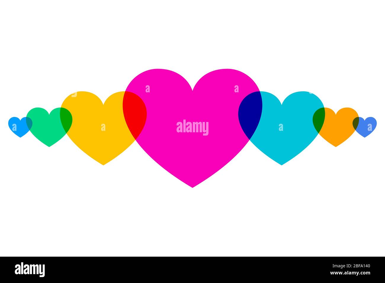 Überlappende, mehrfarbige Herzformen in einer Reihe. Herz-Symbole für den Einsatz als Hintergrund oder für Grußkarten, um Emotionen wie romantische Liebe auszudrücken. Stockfoto