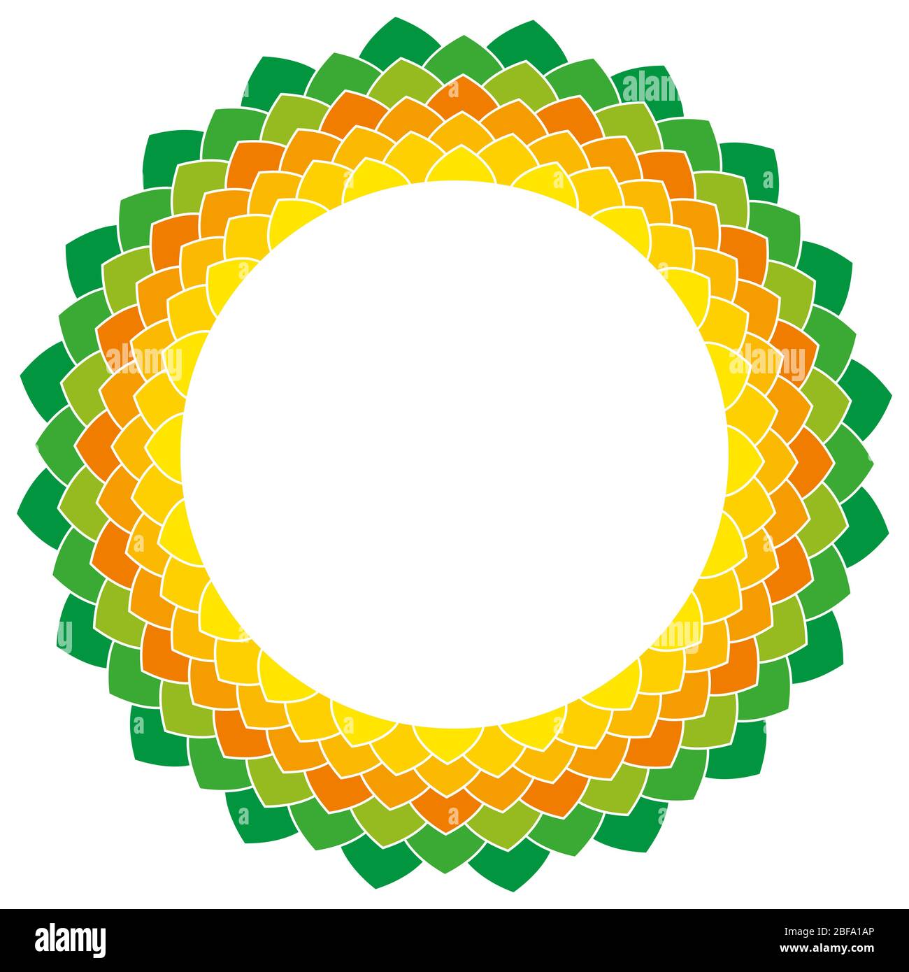Abstrakt bunte Blume Symbol Rahmen. Gelbe, orange und grüne Blütenblätter bilden ein blütenähnliches Zeichen. Abbildung auf weißem Hintergrund. Stockfoto