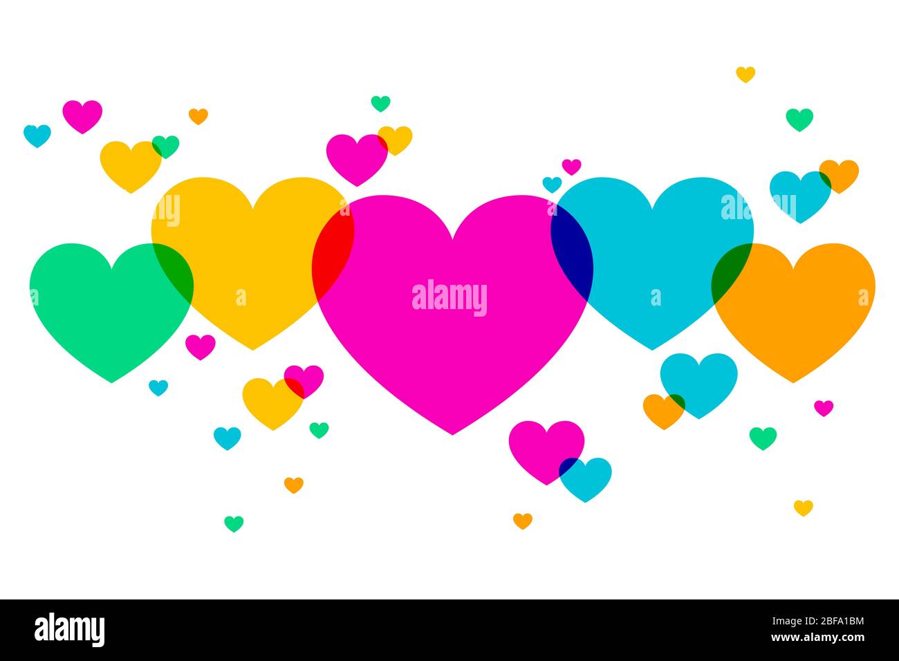 Hintergrund aus überlappenden bunten Herzformen. Zufällig platzierte Herzsymbole zum Ausdruck bringen Emotionen wie romantische Liebe oder Freude. Abbildung Stockfoto
