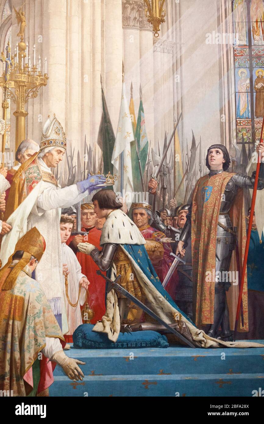 Die Geschichte von Jeanne d'Arc, 'Ritus von Karl VII. In Reims von Erzbischof Charles de Chartres', gemalt 1889 von Jules Lenepveu. Stockfoto