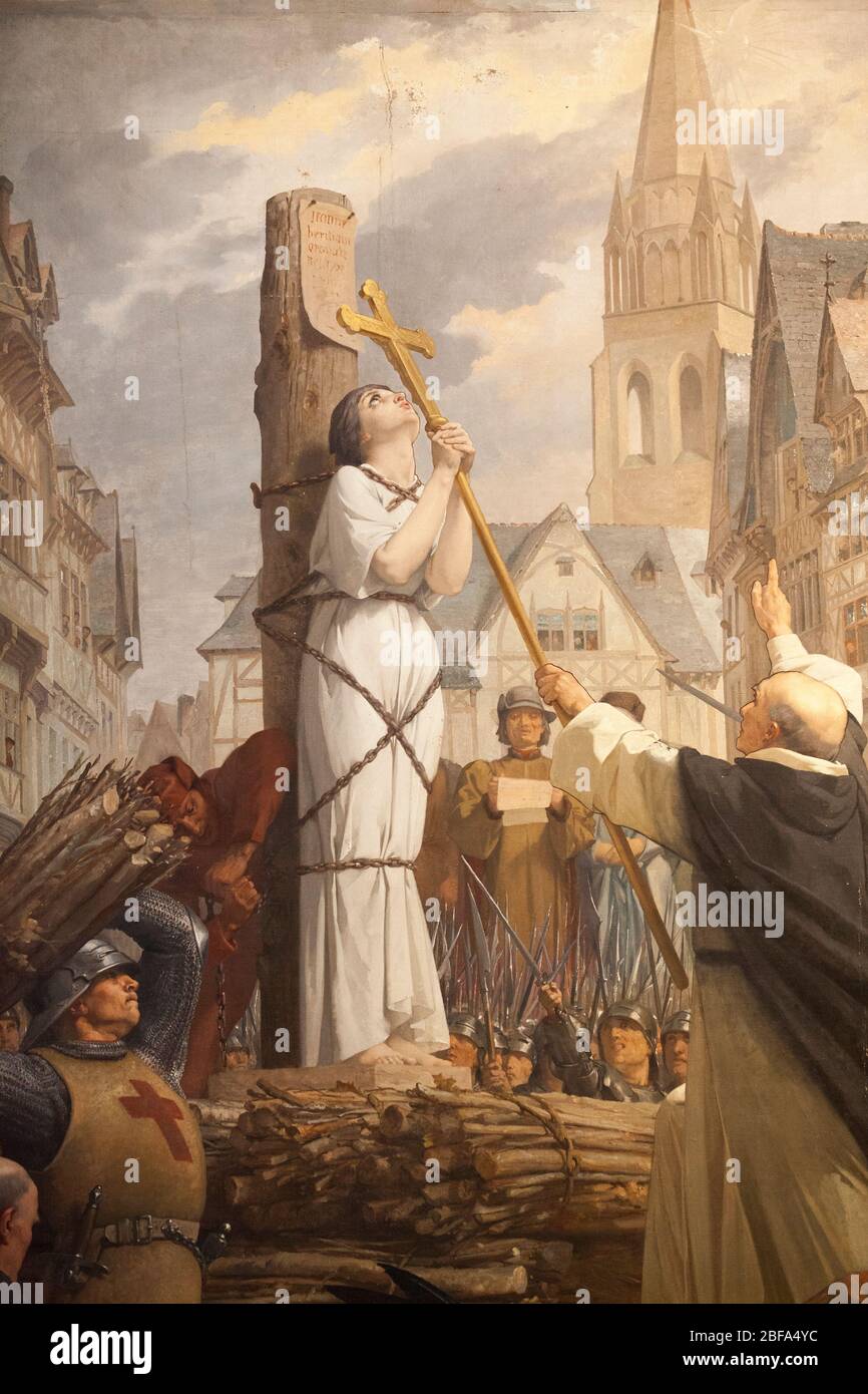 Die Geschichte von Jeanne d'Arc, 'Jeanne auf dem Scheiterhaufen auf dem Alten Markt in Rouen', gemalt 1886 von Jules Lenepveu. Stockfoto