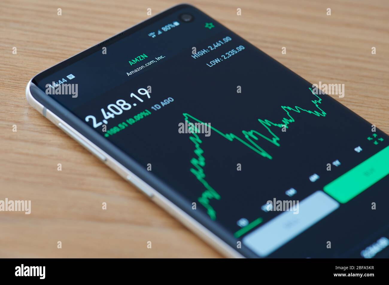 New-York , USA - April 17 , 2020: Amazon Aktienkurs Schaubild Nahaufnahme auf Smartphone-Bildschirm Stockfoto