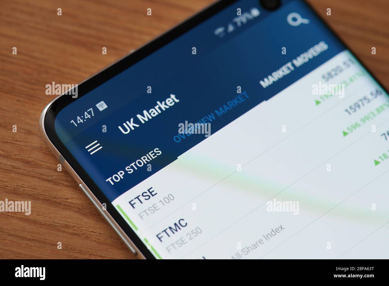 New-York , USA - 17. April 2020: UK Markt Übersicht Menü Nahaufnahme Ansicht auf Smartphone-Bildschirm Stockfoto