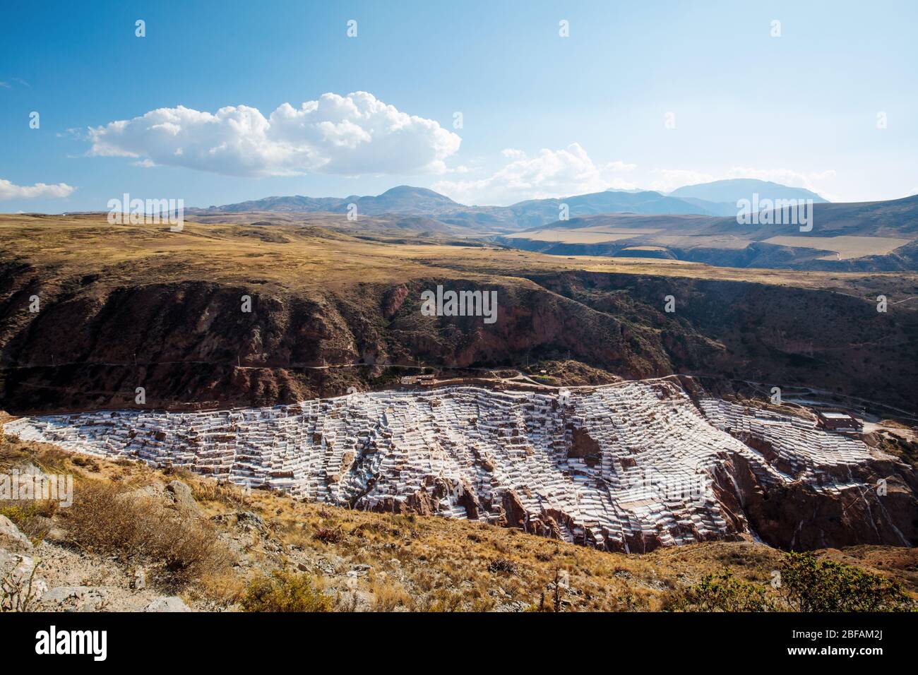 Salzbergwerke in Maras, Salineras, Sacred Valley, Peru Stockfoto
