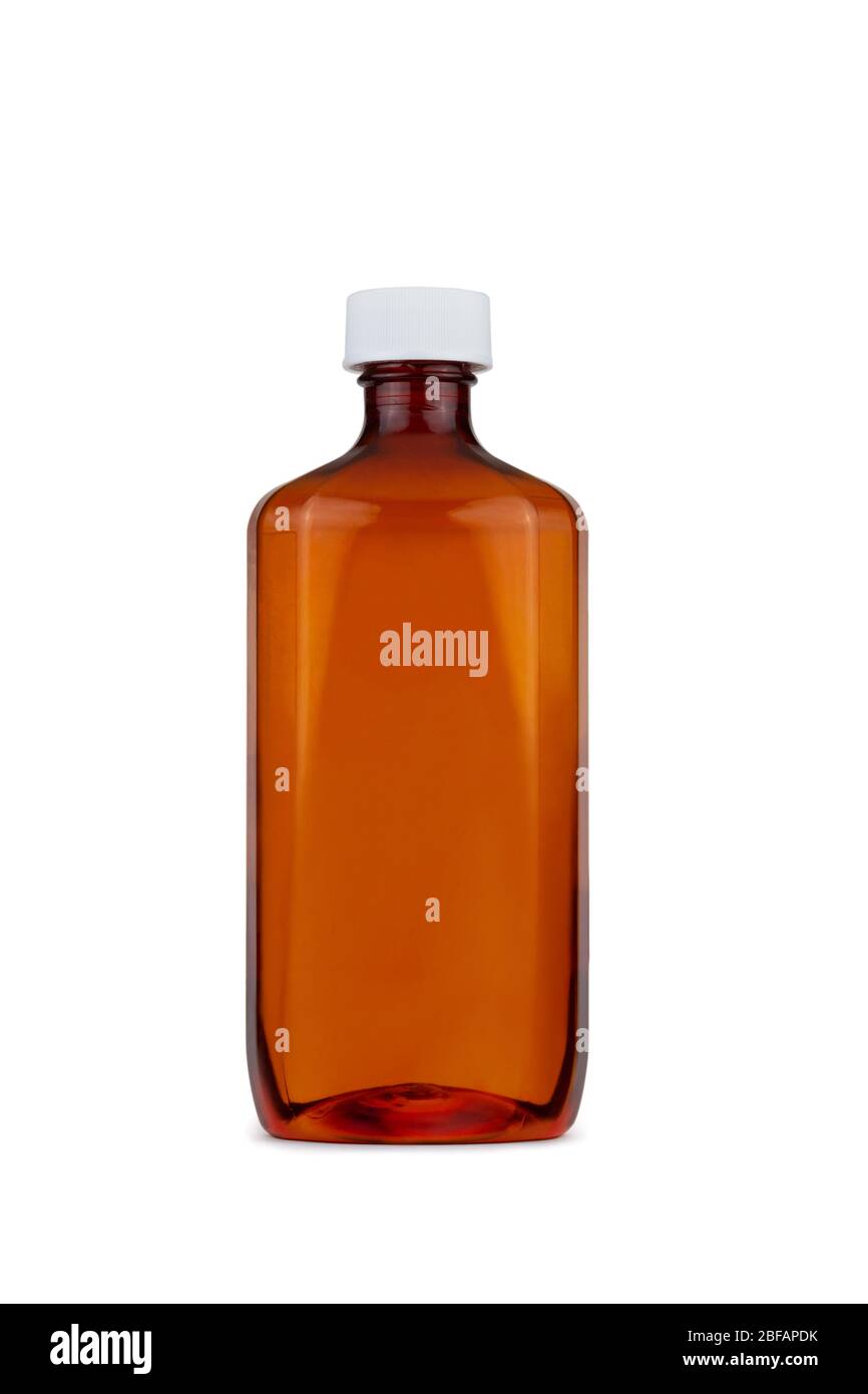 Bernsteinfarbene Flasche ohne Beschriftung oder Etikett auf weißem 255-Hintergrund mit eingebettetem Beschneidungspfad Stockfoto