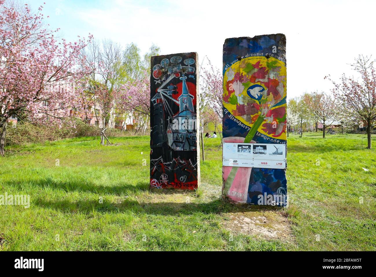 TV-Asahi-Kirschblütenallee ist ein nach der deutschen Wiedervereinigung geschenkter Abschnitt des ehemaligen Todesstreifens der Berliner Mauer. Stockfoto