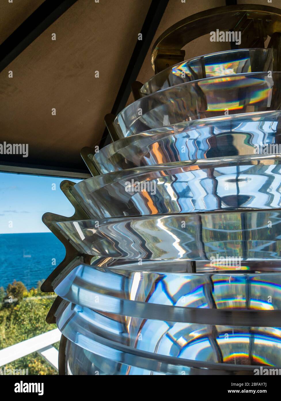Fresnel Lens, Pottawatomie Lighthouse (1836), Rock Island State Park, Door County, Wisconsin. Stockfoto